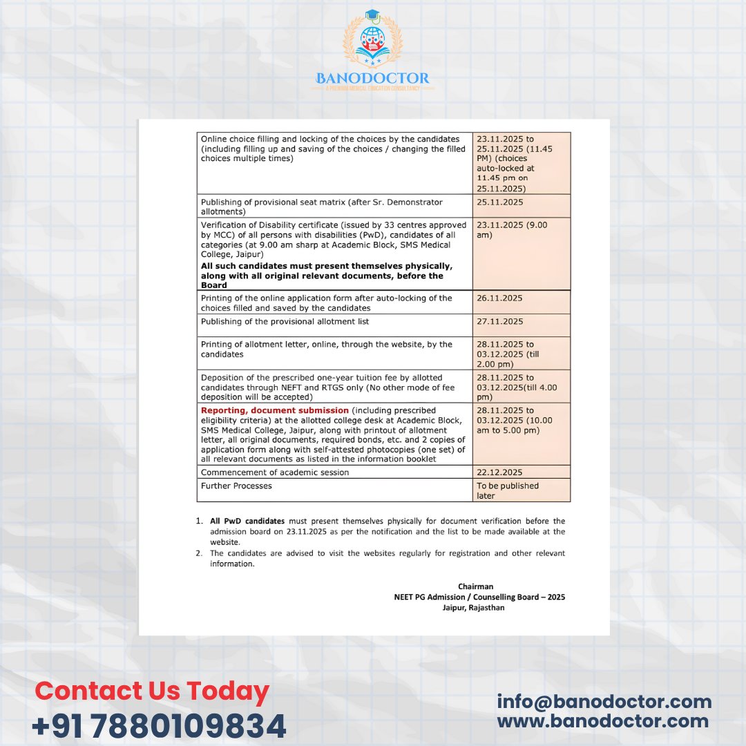 banodoctors's tweet photo. Rajasthan NEET PG 2025 Round-1 revised schedule is out! Check key dates for application, merit list, security deposit, and choice filling in the image. For expert counselling help, contact BanoDoctor.
📞 +91 7880109834 | 🌐 https://t.co/yRKJNAVR9E | 📧 info@banodoctor.com https://t.co/BWNfBujRry