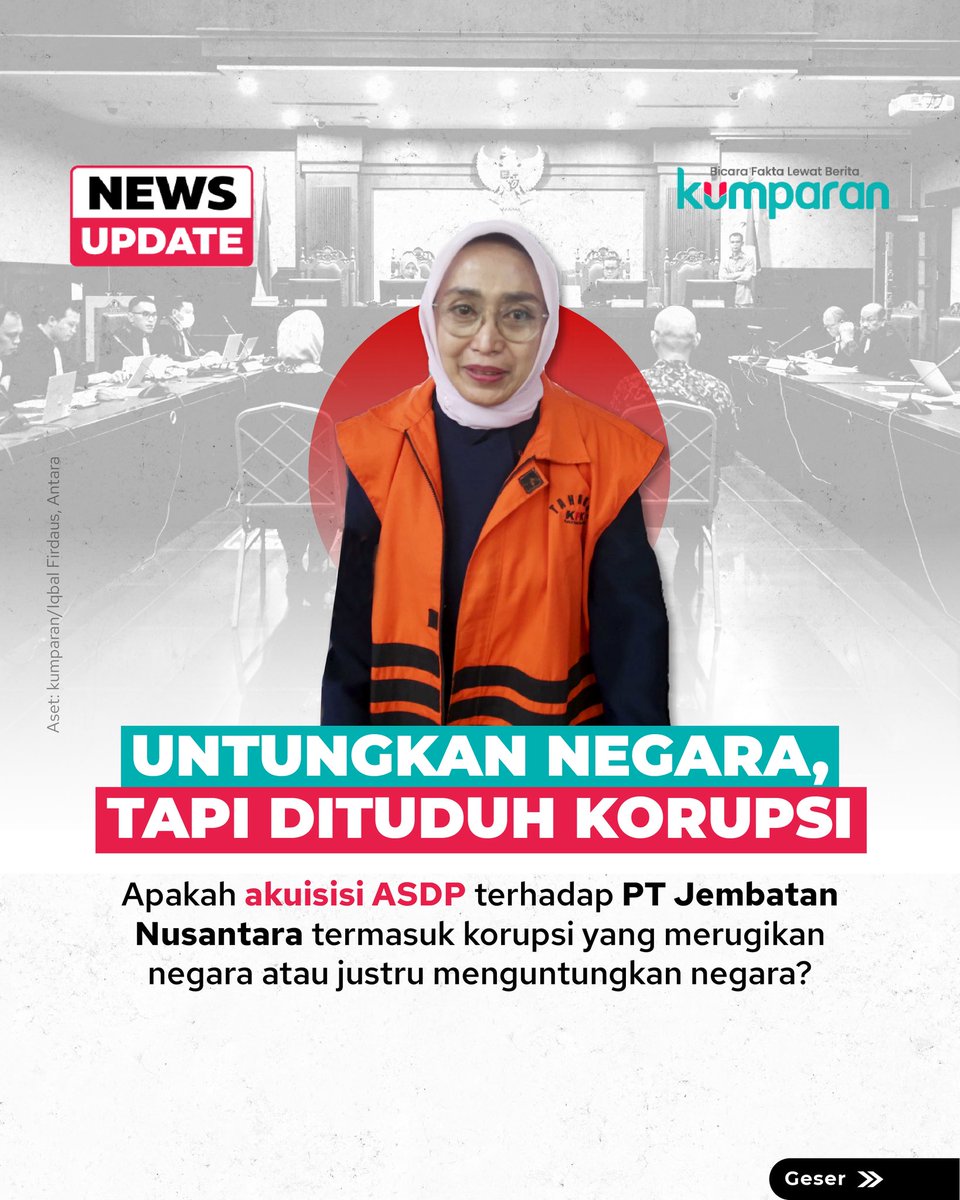 kumparan's tweet image. Pada 6 November 2025 lalu, Ira Puspadewi melangkah masuk menuju ruang persidangan dengan yakin. Eks Direktur Utama (Dirut) PT ASDP Indonesia Ferry (Persero) itu optimistis dirinya tak bersalah dalam kasus dugaan korupsi akuisisi PT Jembatan Nusantara (JN) oleh PT ASDP.

Bersama…