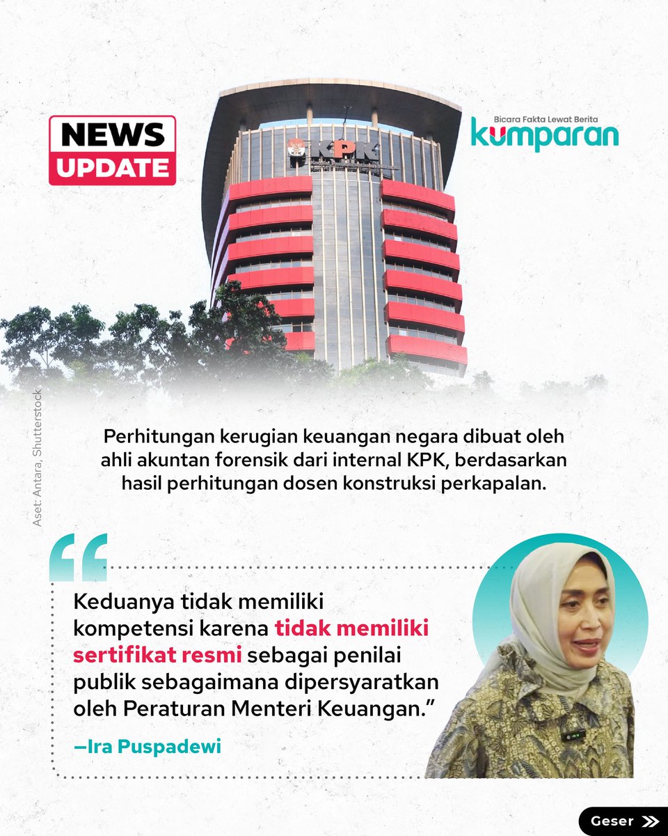 kumparan's tweet image. Pada 6 November 2025 lalu, Ira Puspadewi melangkah masuk menuju ruang persidangan dengan yakin. Eks Direktur Utama (Dirut) PT ASDP Indonesia Ferry (Persero) itu optimistis dirinya tak bersalah dalam kasus dugaan korupsi akuisisi PT Jembatan Nusantara (JN) oleh PT ASDP.

Bersama…