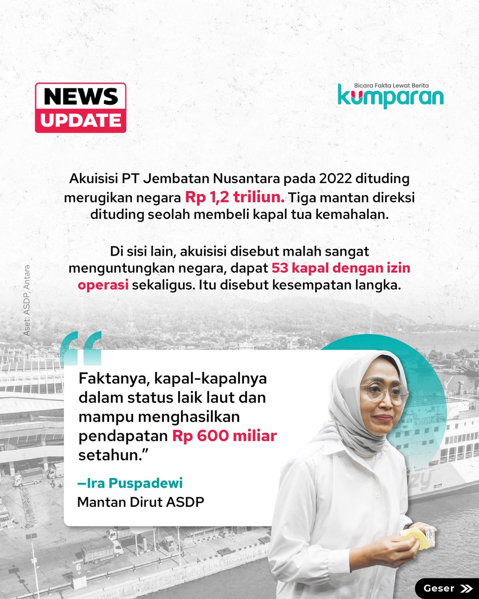 kumparan's tweet image. Pada 6 November 2025 lalu, Ira Puspadewi melangkah masuk menuju ruang persidangan dengan yakin. Eks Direktur Utama (Dirut) PT ASDP Indonesia Ferry (Persero) itu optimistis dirinya tak bersalah dalam kasus dugaan korupsi akuisisi PT Jembatan Nusantara (JN) oleh PT ASDP.

Bersama…