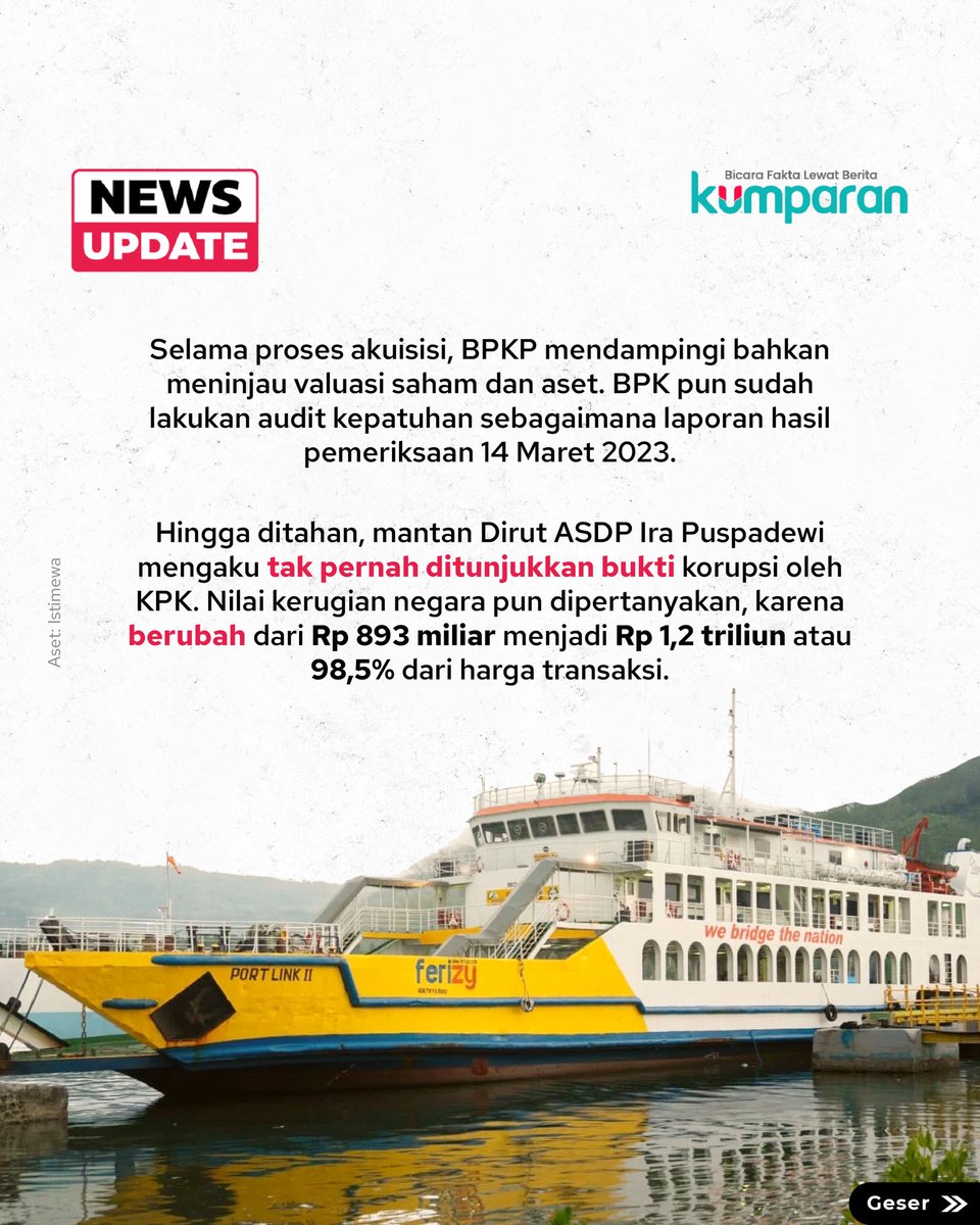 kumparan's tweet image. Pada 6 November 2025 lalu, Ira Puspadewi melangkah masuk menuju ruang persidangan dengan yakin. Eks Direktur Utama (Dirut) PT ASDP Indonesia Ferry (Persero) itu optimistis dirinya tak bersalah dalam kasus dugaan korupsi akuisisi PT Jembatan Nusantara (JN) oleh PT ASDP.

Bersama…