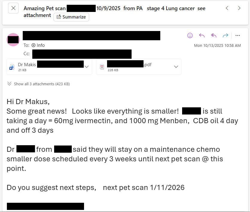 MakisMedicine's tweet image. NEW ARTICLE: IVERMECTIN and MEBENDAZOLE and CBD Oil Testimonial - 69 year old Pennsylvania woman with Stage 4 NSCLC Lung Cancer metastatic to bones, reports after 4 months

Stage 4 Lung Cancer can be brought under control!🙏

STORY: 
69 year old Pennsylvania woman with Stage 4…