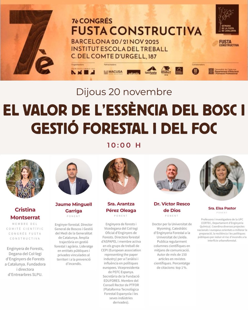 CrisEntrearbres's tweet image. 🌲🏗️ 7º Congreso de Madera Constructiva de Cataluña: tengo el honor de participar como miembro del Comité Científico y moderar bloque forestal. Espacio esencial para hablar de territorio, bosques y futuro con ponentes de lujo: @minguellgj @aranmontes @rescodedios @elsa_pastor