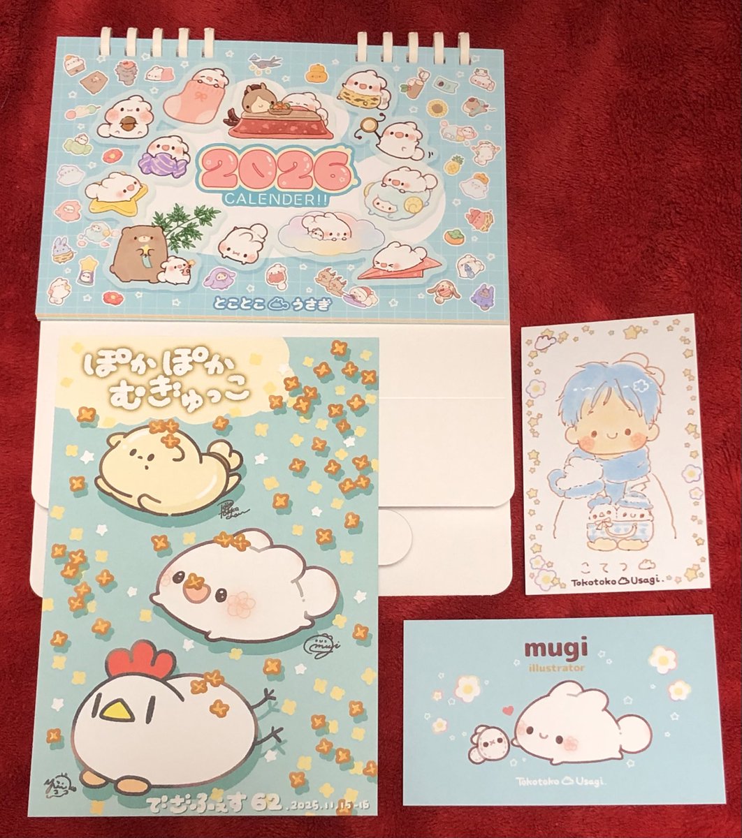 secondkotetsu's tweet image. ぽかぽかむぎゅっこ（F-38〜41）ブースに合同出店しているmugiさんから、とこうさグッズをお迎え🐰✨
素敵なイラスト満載のカレンダーや、きゃわわすぎるハンドタオルをお迎えできて大満足🗓️✨
特典のポストカードも素敵すぎる✨…