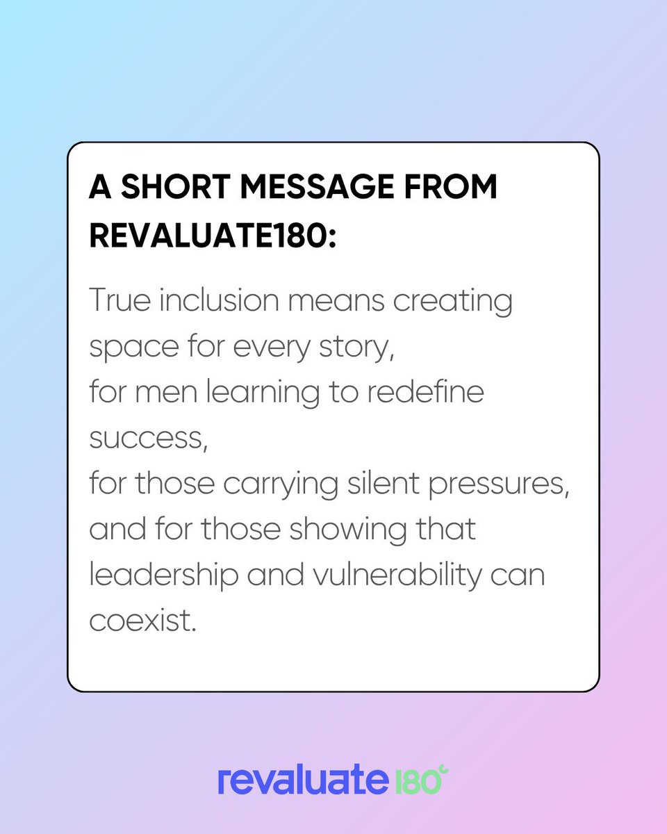 Revaluate180's tweet image. At R180, we believe awareness starts with understanding, creating space for honest dialogue, empathy, and support for every voice in the workplace.

#InternationalMensDay #InclusionAtWork #Leadership #Mensday