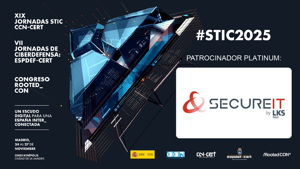 👋 📅 Los próximos días 24, 25, 26 y 27 de noviembre estaremos en las XIX Jornadas STIC del CCN-CERT, que también acogen las VII Jornadas de Ciberdefensa y, por primera vez, el Congreso Rooted_Con🚀Estaremos en el stand número 16. ¡Ven a vernos! 😉