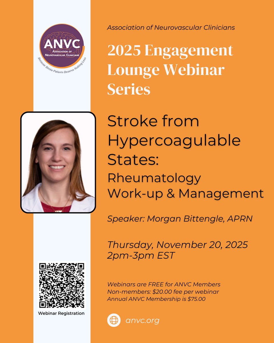 Our November <a href="/ANVC__/">Association of Neurovascular Clinicians</a> Engagement Lounge Webinar Series welcomes Rheumatology APRN Morgan Bittengle. Register here: shorturl.at/pLAeT 

#becausestrokepatientsdeservenothingless #ANVC25 #stroke #education