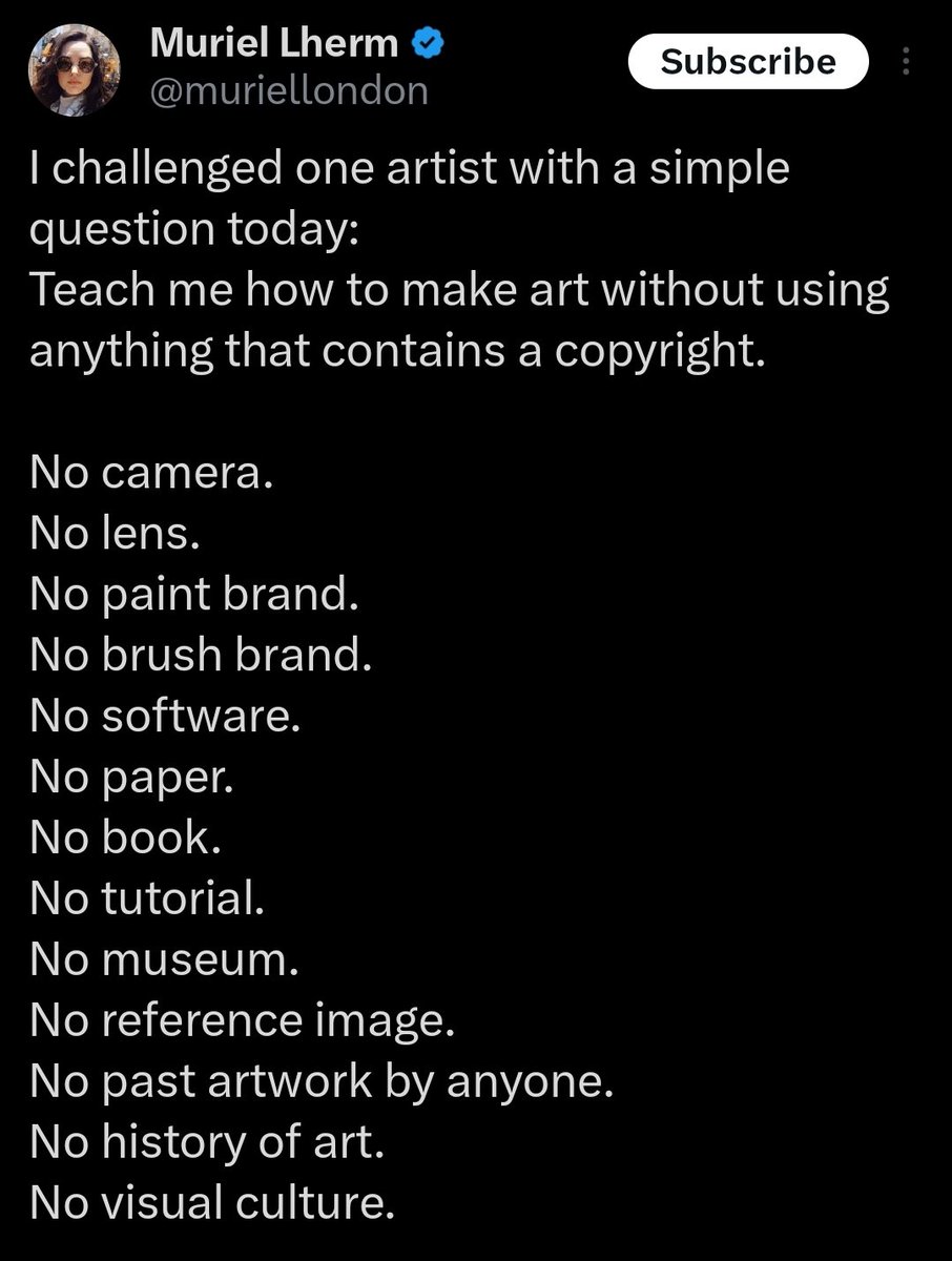 bugmeyer's tweet image. 1. Most of these things are not “copyrighted”. 
2. Most artists learn by using their eyeballs on real life. 
3. 8 billion people have probably completed this stupid challenge by drawing with a stick in the dirt.