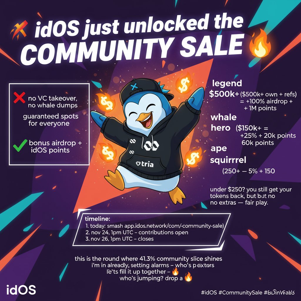 ovroahmedMod's tweet image. Today I&apos;m scrolling like crazy,  @idOS just unlocked the COMMUNITY SALE and it&apos;s straight fire for us little guys  

no VC takeover, no whale dumps, guaranteed spots for everyone, same cap across the board so no one&apos;s left out. price floats with what we bid but stays in a safe…