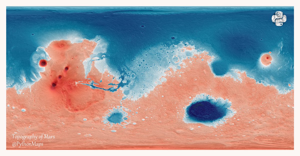 PythonMaps's tweet image. Day 18 of the #30DayMapChallenge - Out of this World. Here is a topographical map of Mars. I have added some hill shading and used a colourmap that simulates an ocean, proportionally equal in size to Earths.