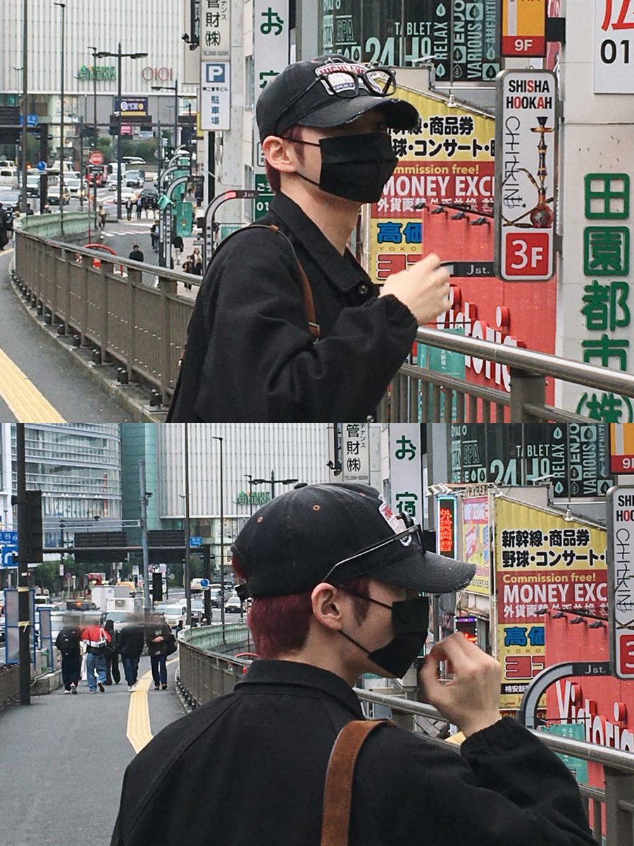 Hanbing's tweet image. Double trouble from two angles because one isn’t enough! I’m out here, mask on, living my best street life. If you spot me, pretend you didn’t, and let’s both keep the mystery alive. City chaos in the background, but I’m totally chill and making it my runway.