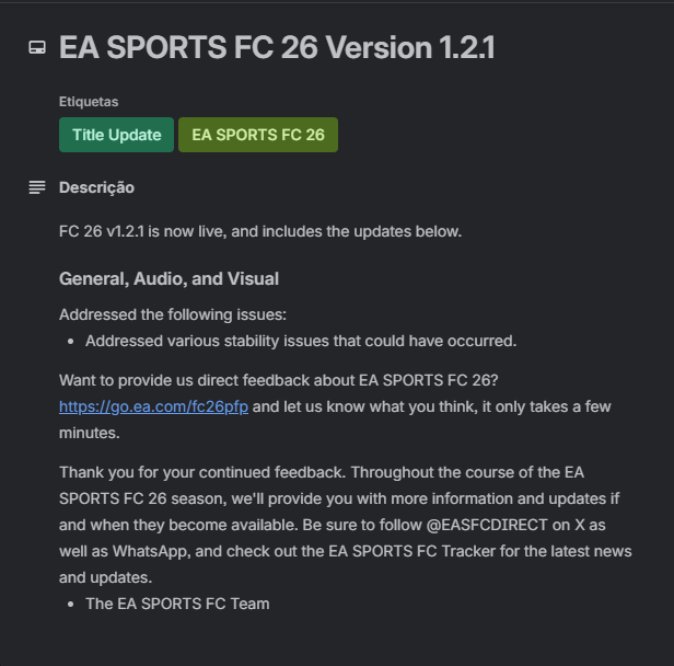 🔄Apparently we have a small FC26 update guys, the ''v1.2.1''⚠️

✍️I'll be updating and making the necessary changes to our FC26 Mods, and later I'll be releasing our 'Artisan Bootpack FULL 35.2 for v1.2.1⌛📦