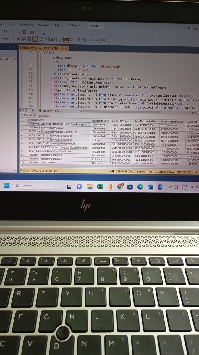 FeranmiOmoyemi's tweet image. Day 21/30 – Discount Impact Analysis

Used SQL CASE WHEN logic to compare full-price vs. discounted sales. Discounts don’t always mean higher profits.

#SQLTips #EcommerceAnalytics #RevenueOptimization