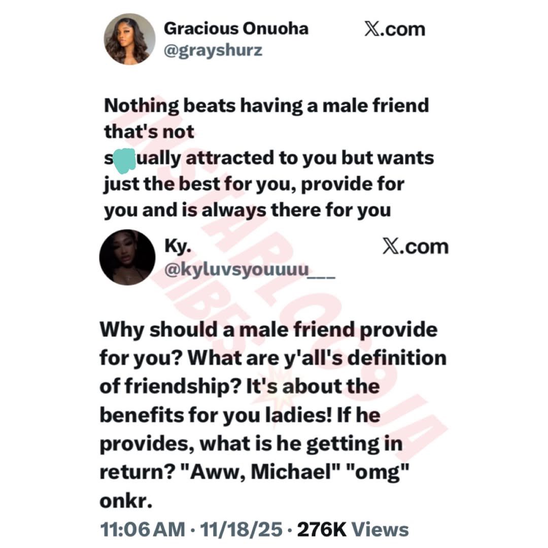 instablog9ja's tweet image. She shared her thoughts on how valuable it is to have a male friend who supports you without expecting anything romantic in return. But another user questioned the idea, asking why a male friend should provide for someone and what he gets back in the friendship.
