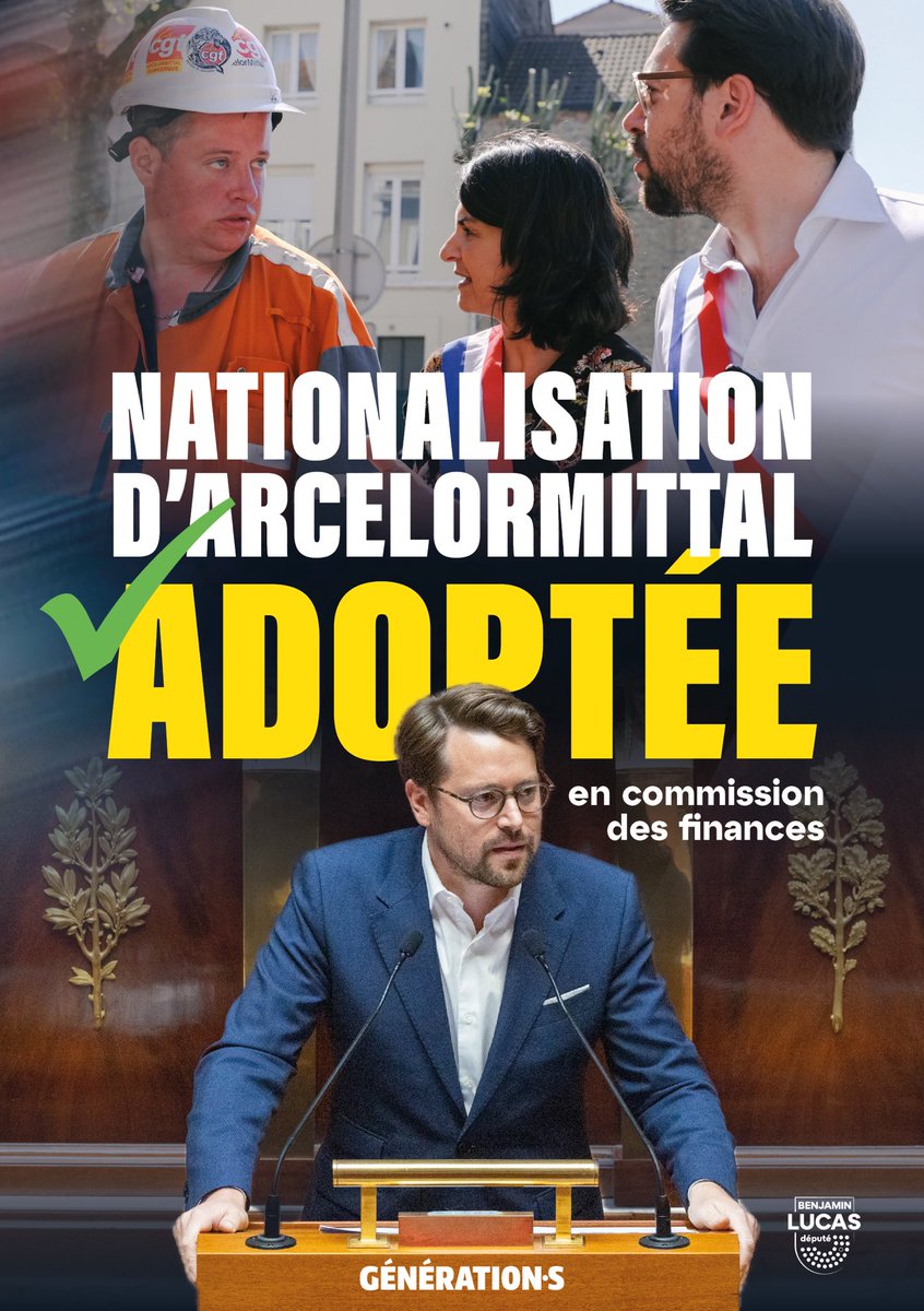Benjam1Lucas's tweet image. Une première étape franchie en commission des finances ce matin avec l’adoption de la proposition de loi de @TrouveAurelie pour nationaliser ArcelorMittal. 

Rendez-vous en séance le 27 novembre !