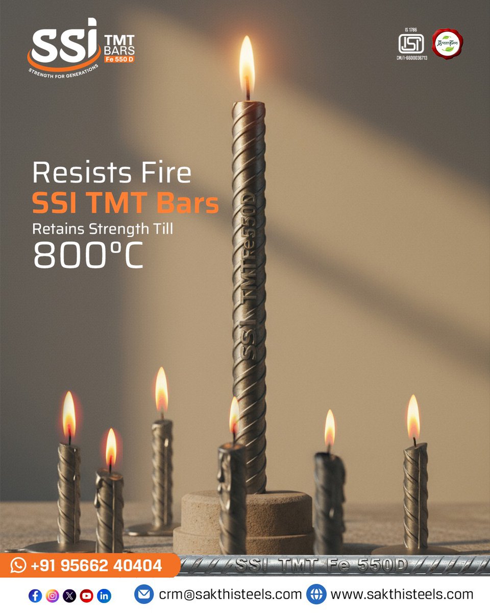 ssitmtbar's tweet image. Fire may melt through ordinary metal, but not through real strength.Built to retain structural integrity up to 800°C, SSI TMT Bars keep your building safe even under extreme heat, giving you time, protection, and confidence.
#ssitmt #ssitmtbars #construction #buildingconstruction
