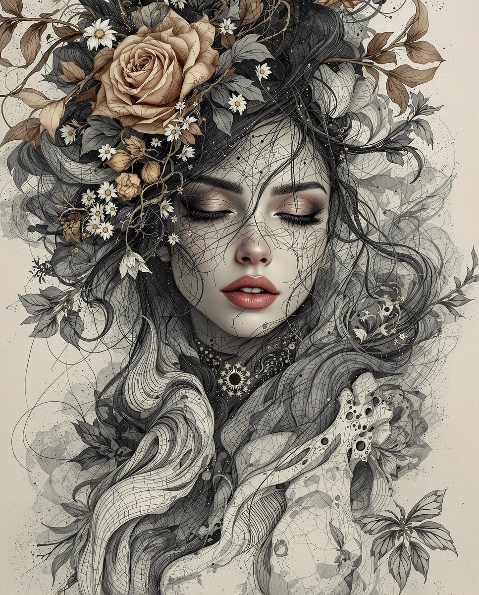 fiddlart's tweet image. 🌿✨ Prompt Idea Wednesday ✨🌿
Want to create portraits with this surreal charcoal + ink aesthetic?

Focus on:
🖤 Charcoal hatching + ink linework for handcrafted texture
🌫️ Organic, nature-woven details for a Gaia feel
🎥 Cinematic, Unreal Engine–style framing for depth
🎨…