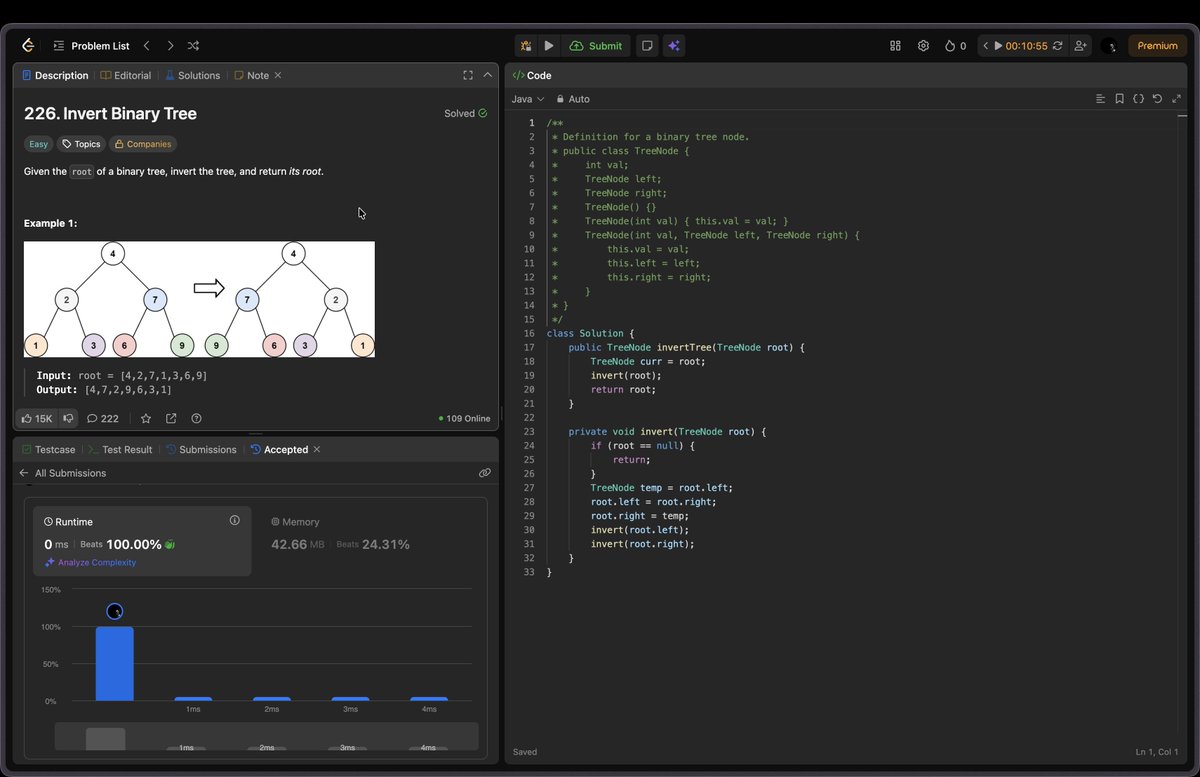 VHangEmHigh's tweet image. Day 57 of #100DaysOfCode ✅

- 572. Subtree of Another Tree
- 226. Invert Binary Tree
- 700. Search in a Binary Search Tree
- 116. Populating Next Right Pointers in Each Node

#LearnInPublic #LeetCode  #DSA