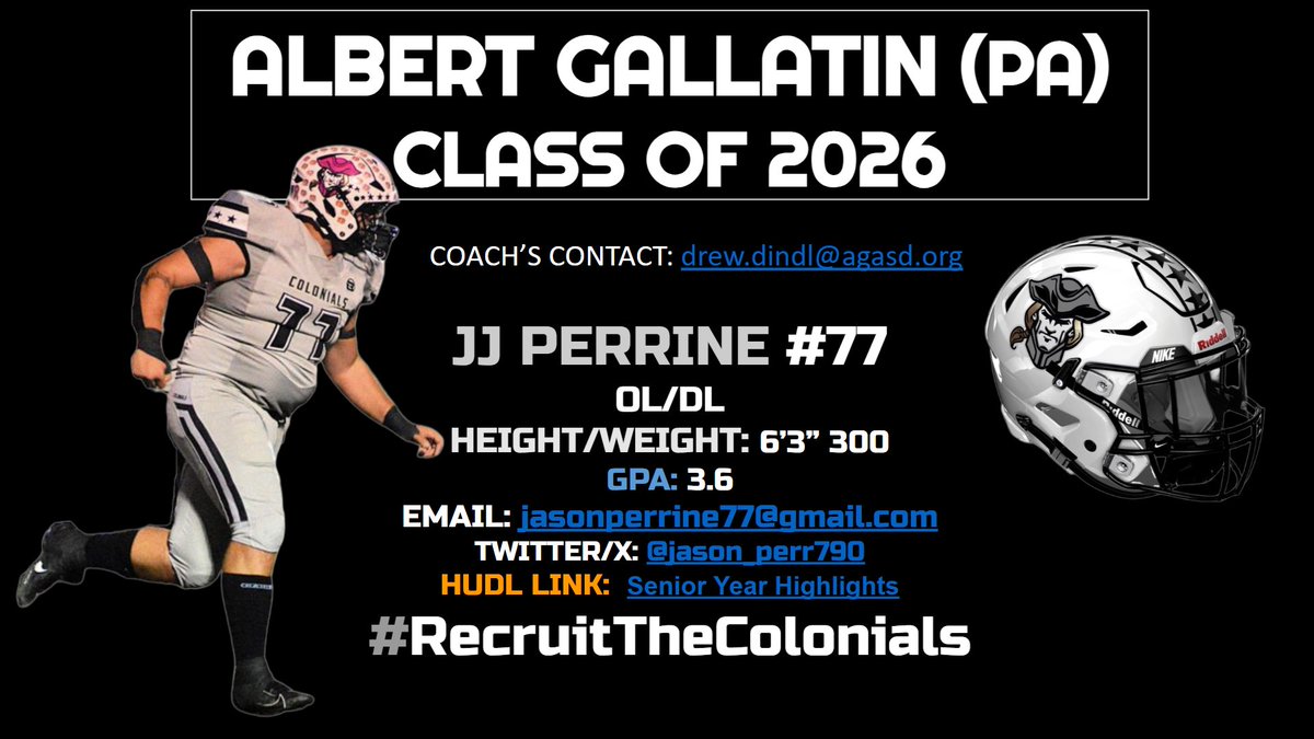 CoachDindl's tweet photo. Coaches: Meet #77 JJ Perrine (@jason_perr790)!
Big, athletic, and physical! A two-year captain who leads by example and sets the tone up front.
His full profile & senior year highlights are here ⬇️:
https://t.co/P84kxxoQEO
#RecruitTheColonials #AGFootball #RunAtThem https://t.co/IAitPlCEb6