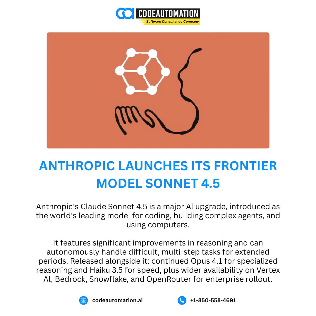 CodeAutomation's tweet image. Day 10 @CodeAutomation! 
Anthropic just released Claude Sonnet 4.5 – smarter coding, long autonomous tasks, and deeper reasoning. Already live on Vertex AI, Bedrock &amp;amp; Snowflake. Devs, your new favorite model is here!
#ClaudeSonnet45 #Anthropic #CodeAutomation