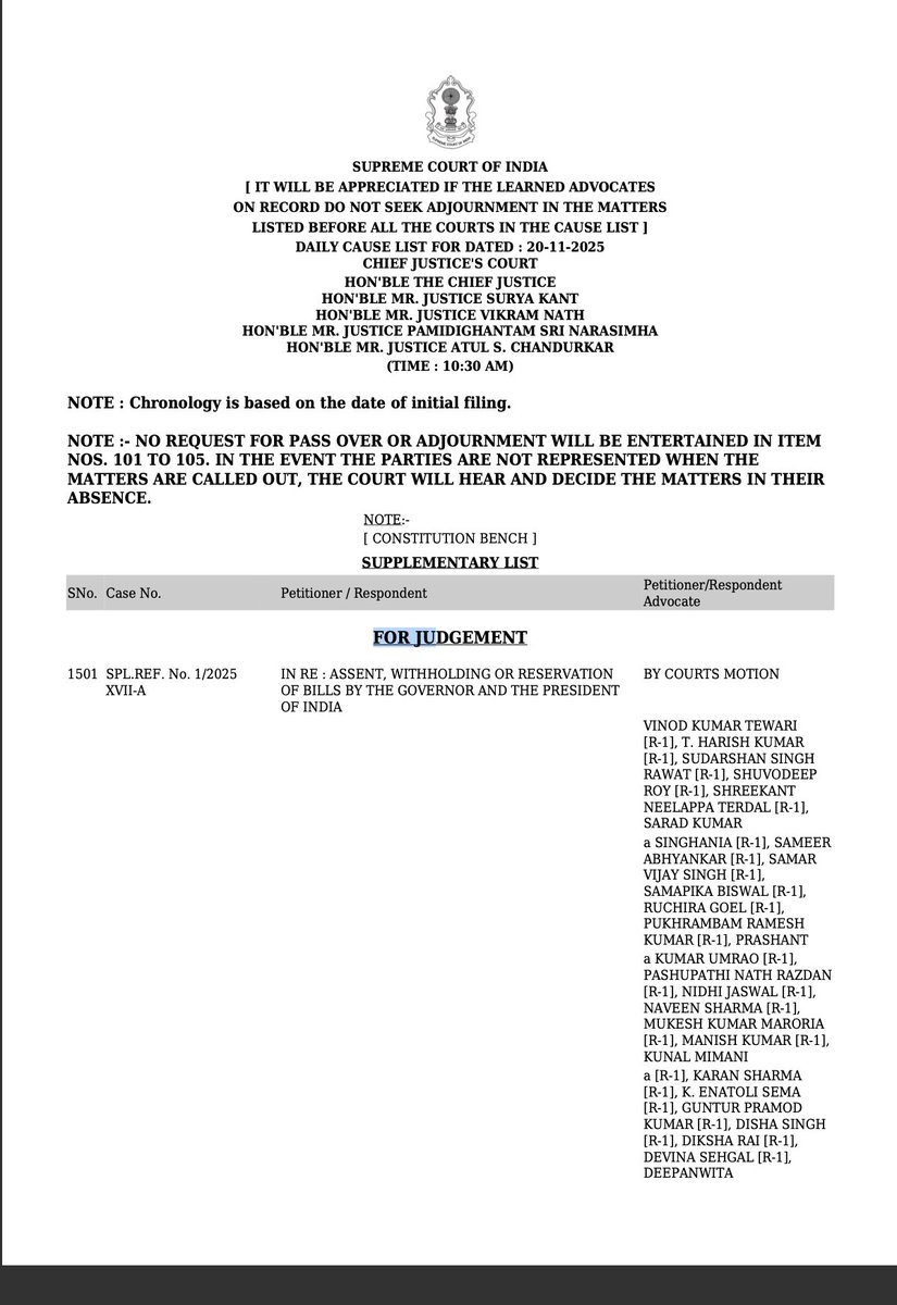 #BREAKING #SupremeCourt to pronounce its opinion tomorrow on the Presidential Reference on whether timelines can be set for the Governors and the President for granting assent to Bills.