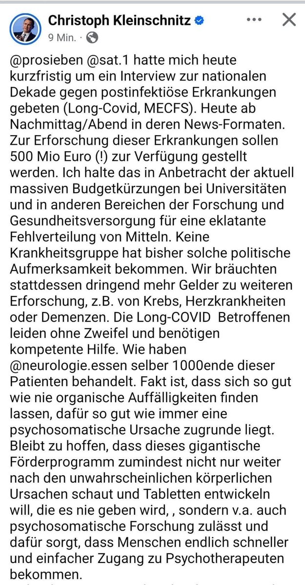 j_mecfs's tweet photo. @ProSieben @sat1 Warum gebt ihr Christoph #Kleinschnitz eine Plattform, obwohl er die Dekade zu #MECFS und #LongCovid als „eklatante Fehlverteilung von Mitteln“ bezeichnet und jahrelang organische Befunde bestreitet?
Als würde man einen Klimaleugner als Experten einladen. https://t.co/fNtOpnyq5o