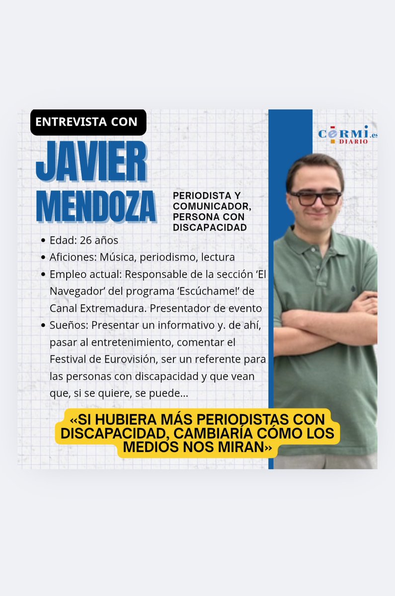 #Entrevista con Javier Mendoza «Si hubiera más periodistas con discapacidad, cambiaría cómo los medios nos miran» #cermidiario #personascondiscapacidad 🔗f.mtr.cool/ccpgqbguwd