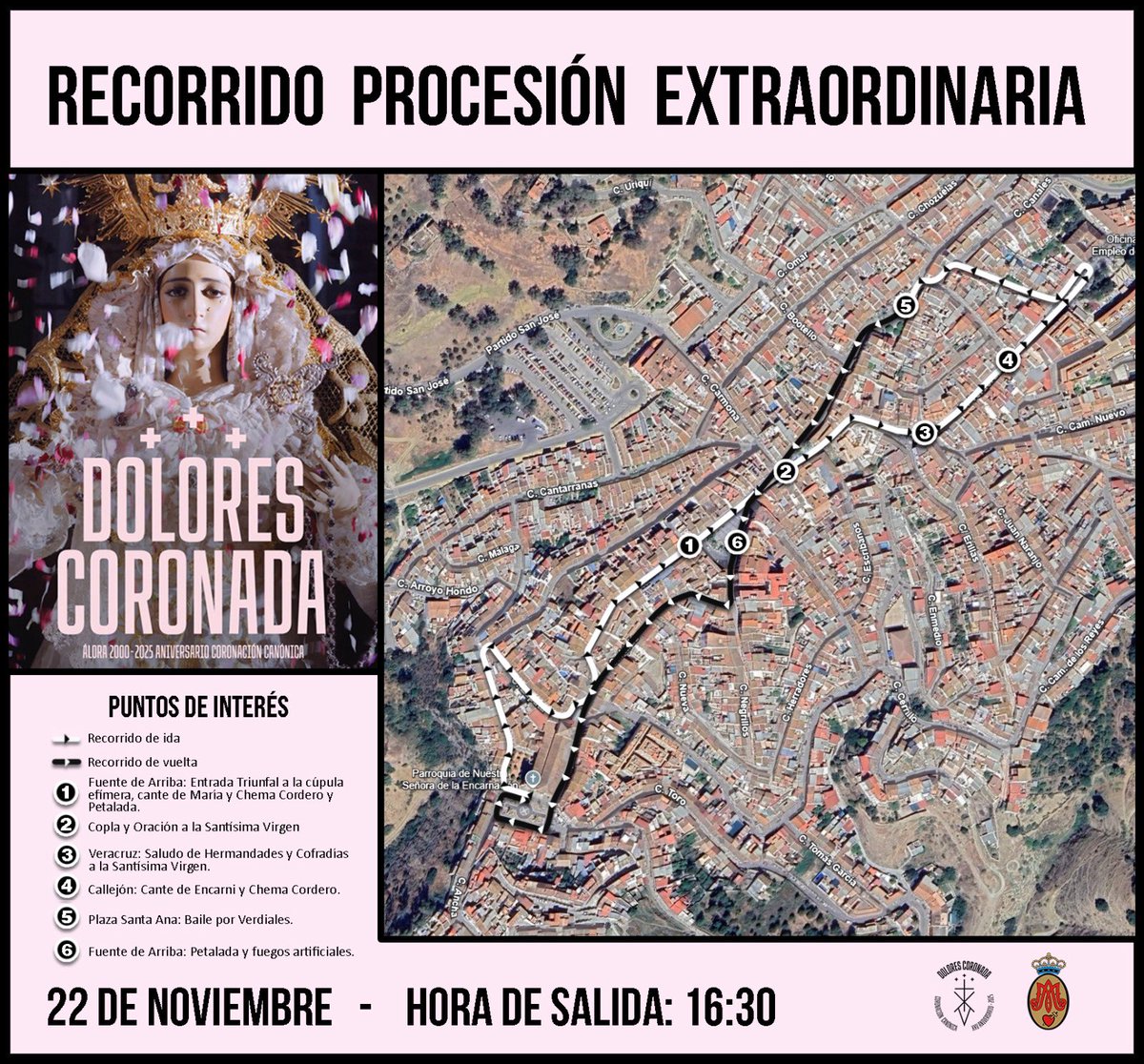 PROCESIÓN EXTRAORDINARIA | Recorrido y puntos de interés de la Salida Extraordinaria de la Virgen de los Dolores del próximo sábado, 22 de noviembre, con motivo del XXV Aniversario de Coronación Canónica.

#XXVDoloresCoronada #CofradíasMLG