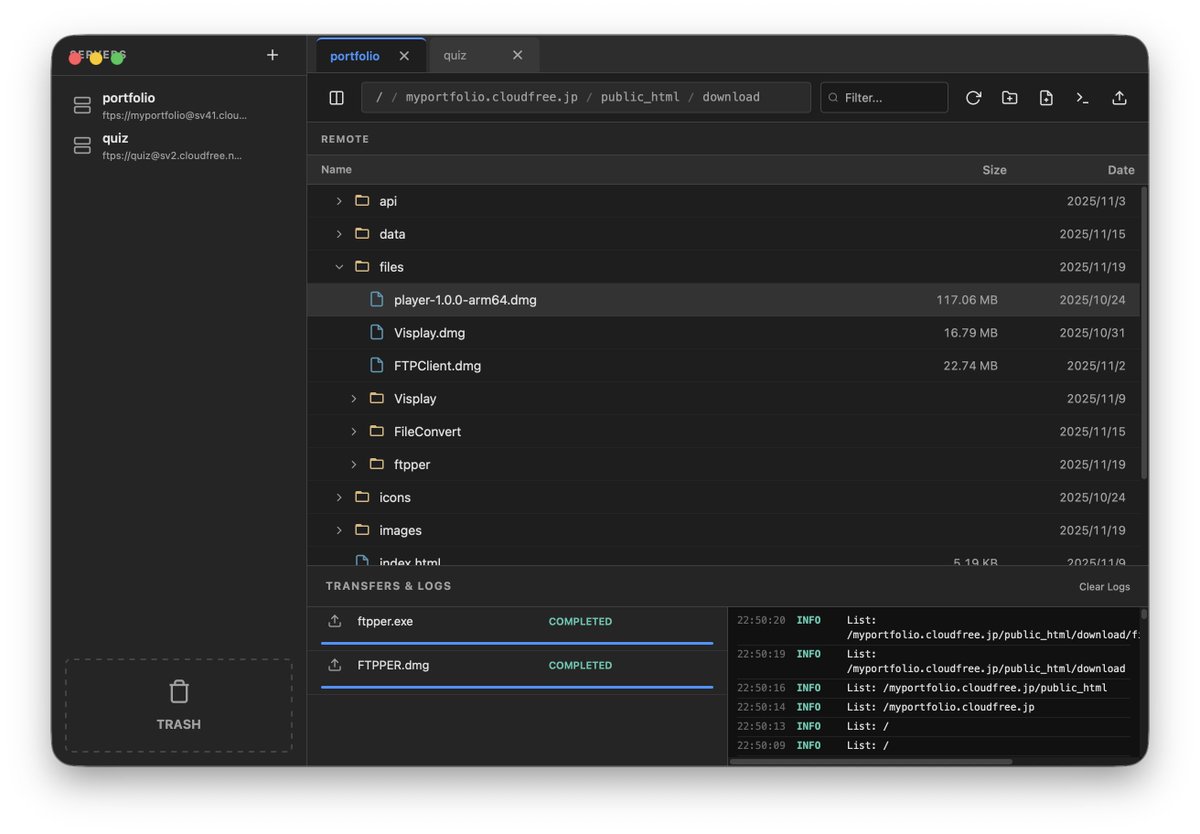 nopoly1k's tweet image. Go製の軽量FTP/SFTPクライアントftpperを公開
FTP/FTPS/SFTP対応。ブックマーク管理、タブ表示、2画面分割などの基本機能に加え、通信エラー時の再試行機能も搭載。ドラッグ&amp;amp;ドロップでの操作やコマンド実行も可能。Mac/Winで動作します。Linuxビルド予定
myportfolio.cloudfree.jp/download/?id=F…
#個人開発