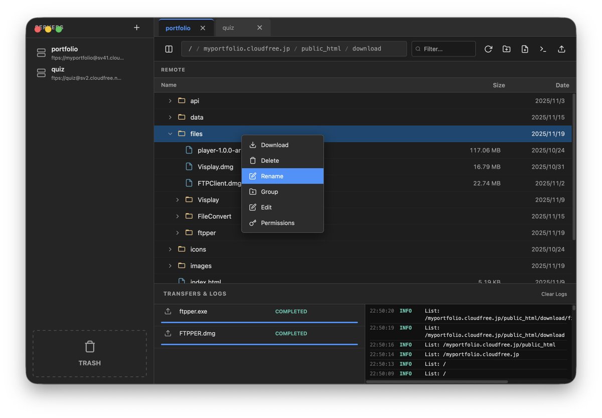 nopoly1k's tweet image. Go製の軽量FTP/SFTPクライアントftpperを公開
FTP/FTPS/SFTP対応。ブックマーク管理、タブ表示、2画面分割などの基本機能に加え、通信エラー時の再試行機能も搭載。ドラッグ&amp;amp;ドロップでの操作やコマンド実行も可能。Mac/Winで動作します。Linuxビルド予定
myportfolio.cloudfree.jp/download/?id=F…
#個人開発