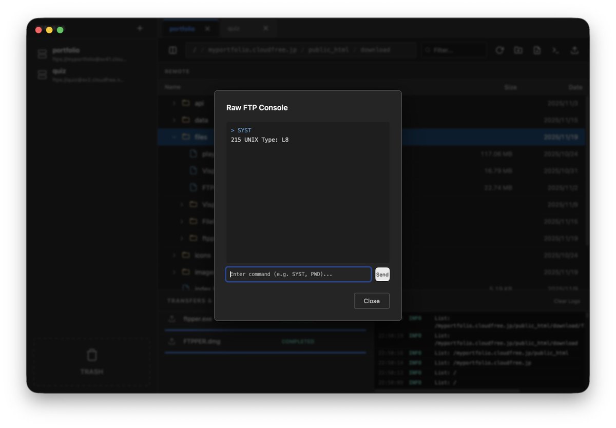 nopoly1k's tweet image. Go製の軽量FTP/SFTPクライアントftpperを公開
FTP/FTPS/SFTP対応。ブックマーク管理、タブ表示、2画面分割などの基本機能に加え、通信エラー時の再試行機能も搭載。ドラッグ&amp;amp;ドロップでの操作やコマンド実行も可能。Mac/Winで動作します。Linuxビルド予定
myportfolio.cloudfree.jp/download/?id=F…
#個人開発