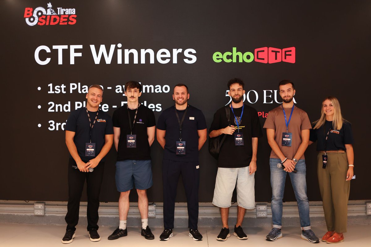 BSidesTirana's tweet image. Congrats to our CTF Winners! 🏆

1st Place - ayylmao Max K.
2nd Place - Eagles Anxhelo Lushka
3rd Place - team Andrea Nano, Nevis Hysenaj

Big congratulations to the #team for winning the CTF Prize of 500 EUR! 💥

Thank you to our CTF partner echoctf 🧡

#CTF #BSidesTirana2025