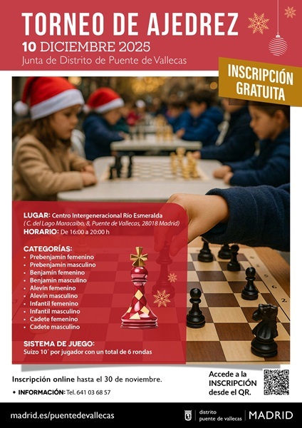 ♟️En #PuenteDeVallecas organizamos un Torneo de Ajedrez para deportistas federados y no federados, entre las categorías prebenjamín y cadete (masculino y femenino)

✍ Inscripciones hasta el 30.11.2025
🗓 Competición: 10.12.2025 ⏲ 16:00h

ℹ Información👉 informate.madrid.es/5urkv1