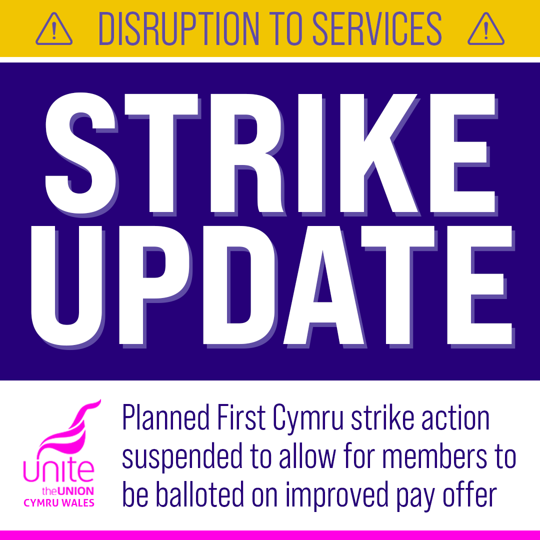 🚨 FIRST CYMRU STRIKE ACTION POSTPONED 🚨

Following an improved offer from First Cymru, proposed strike action planned to begin tomorrow is suspended.

Our members will now be balloted on the latest offer and we'll provide updates when the ballot closes on Friday 28th November.