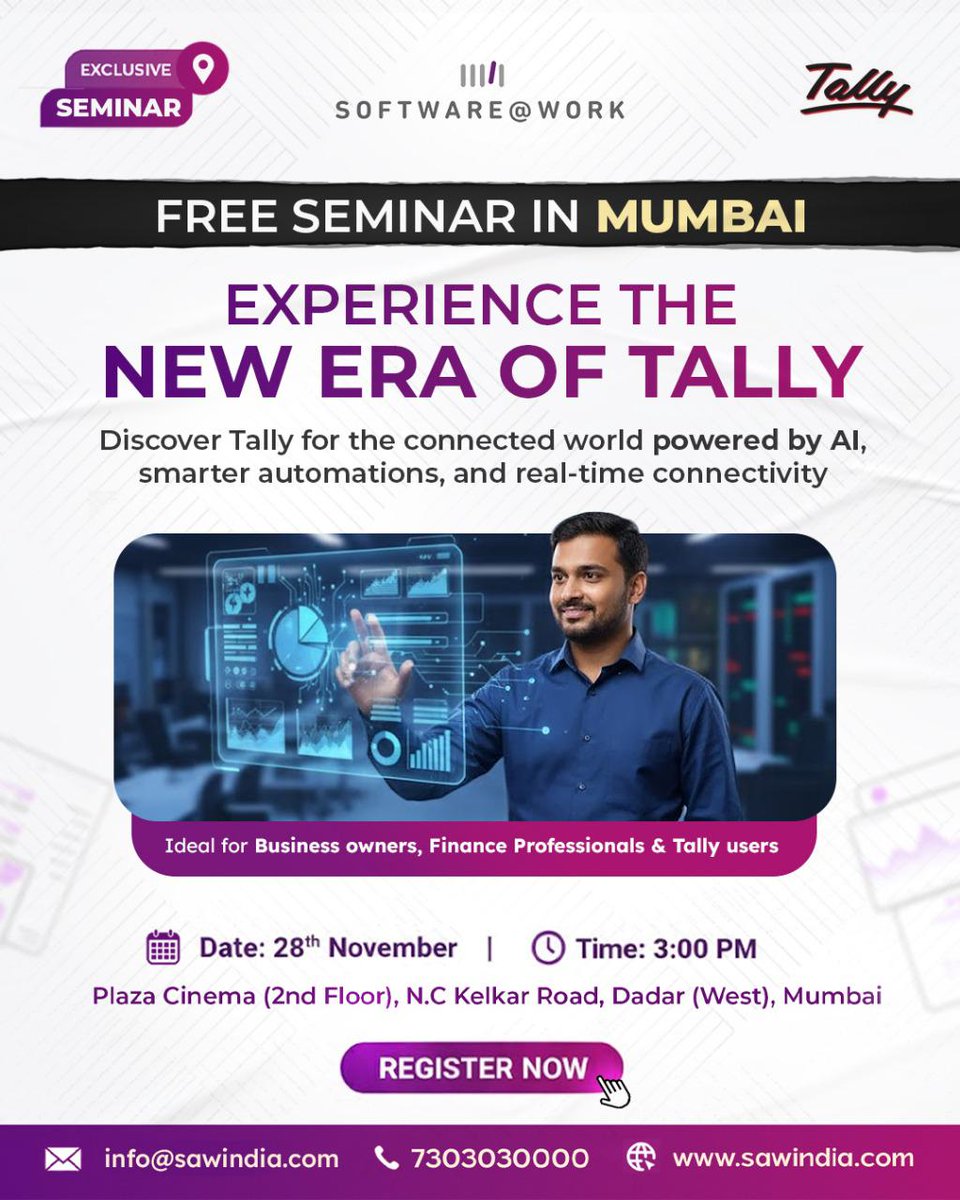 SoftwareAtWork's tweet image. Experience the New Era of Tally!
Join our FREE seminar in Mumbai to explore AI features, smart automation &amp;amp; real time connectivity.
📅 28 Nov | ⏰ 3 PM
📍 Plaza Cinema (2nd Floor), Dadar (W)

➡️Limited seats register now
townscript.com/e/experience-t…

#TallySeminar #MumbaiEvents