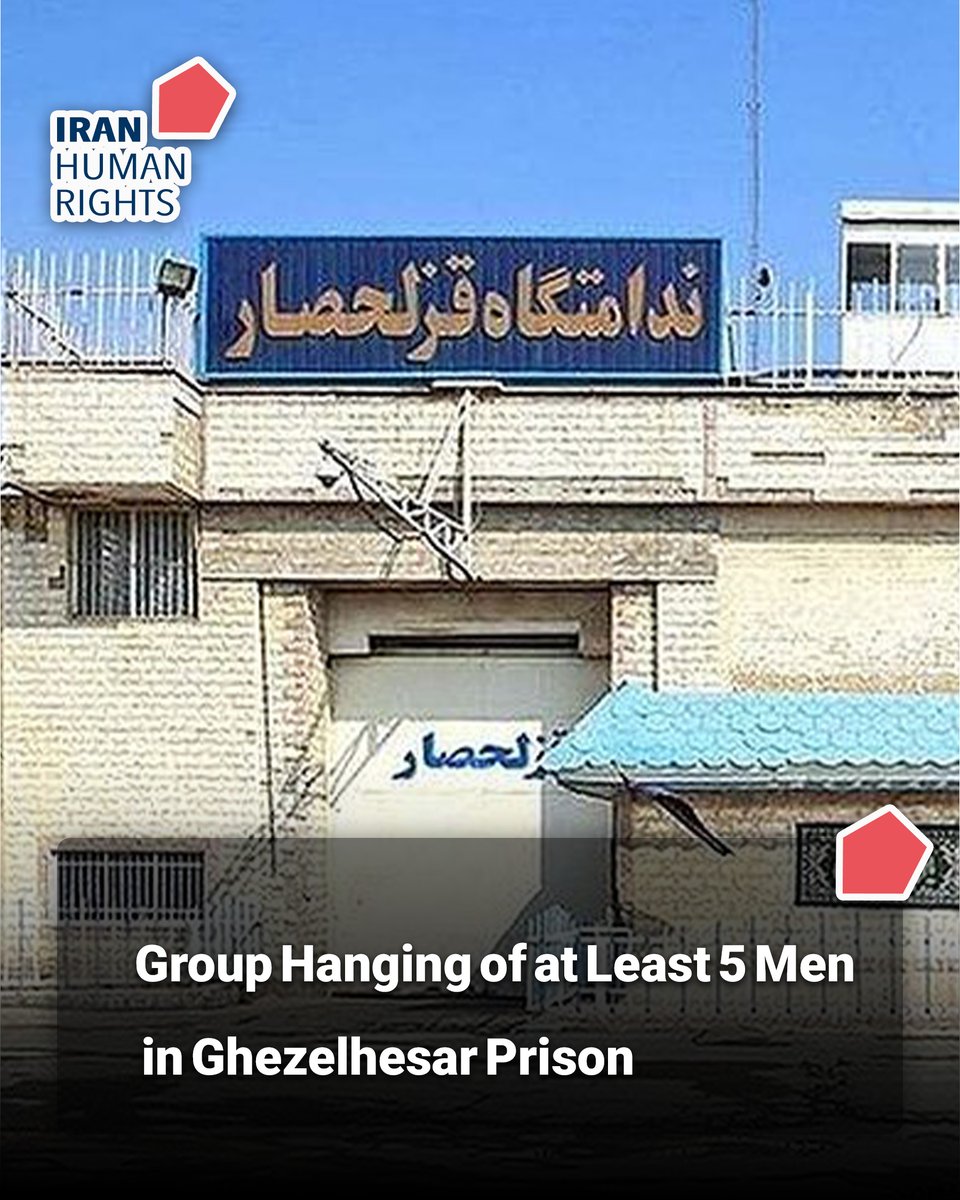 IHRights's tweet image. According to information obtained by Iran Human Rights, at least five men were hanged in Ghezelhesar Prison on 12 November 2025. They were all sentenced to qisas (retribution-in-kind) for murder by the Criminal Court. Four of the men have been identified as Ali Heidari, Soroush…