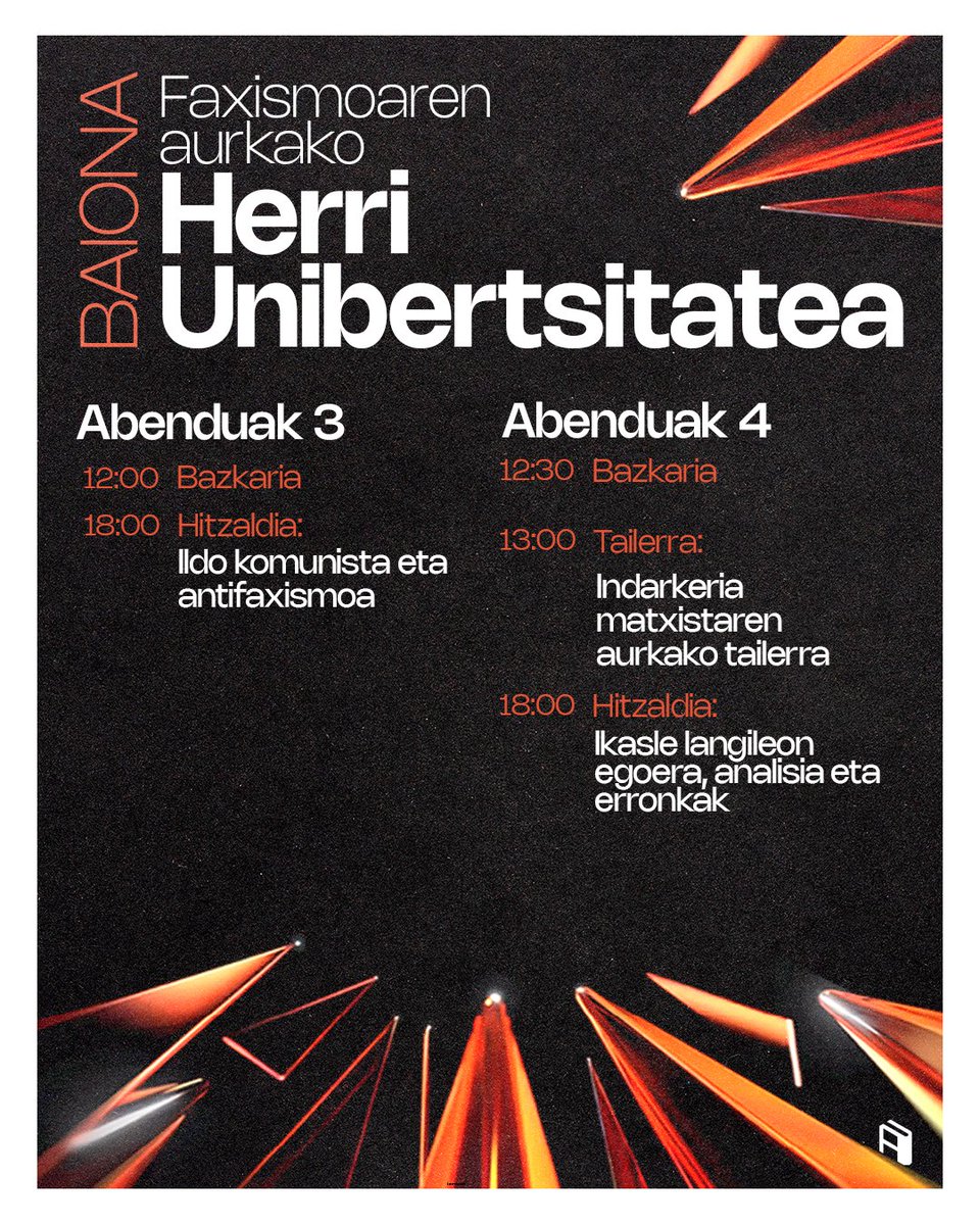 Euskal Herriko zazpi kanpusetan Faxismoaren Aurkako Herri Unibertsitateak antolatu ditugu.

Ezinbestekoa da faxismoaren aurkako ideiak zabaltzea ikasleon artean. Horretarako, hainbat hitzaldi antolatu ditugu, ikasleon eztabaida eta formakuntza politikoa ipar.

Batu egitarauetara!