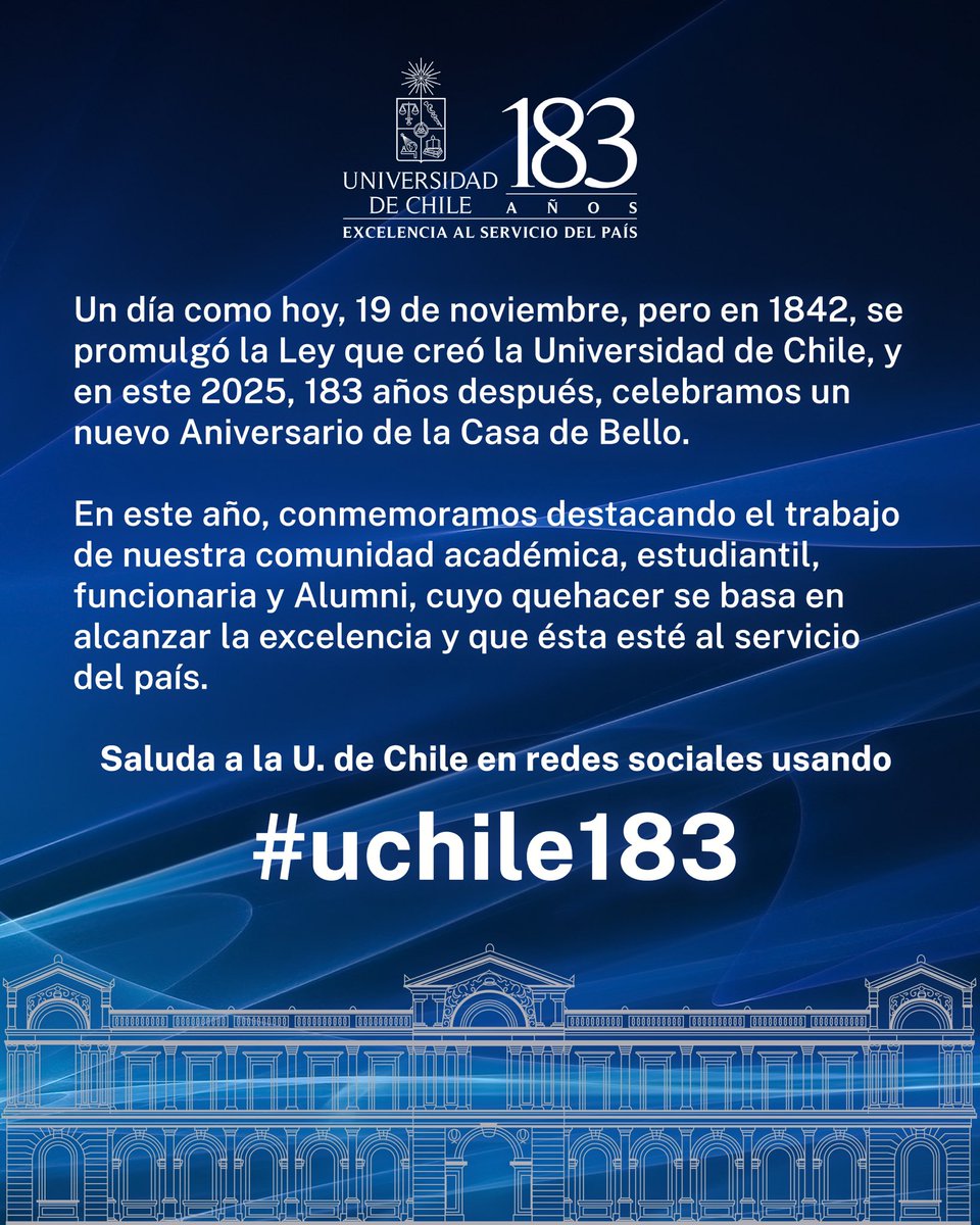 ¡Hoy estamos de aniversario! Celebremos los 183 años de historia de la Universidad de Chile, donde nuestra comunidad ha construido excelencia al servicio del país. Salúdanos usando el hashtag #uchile183 durante este 19 de noviembre.