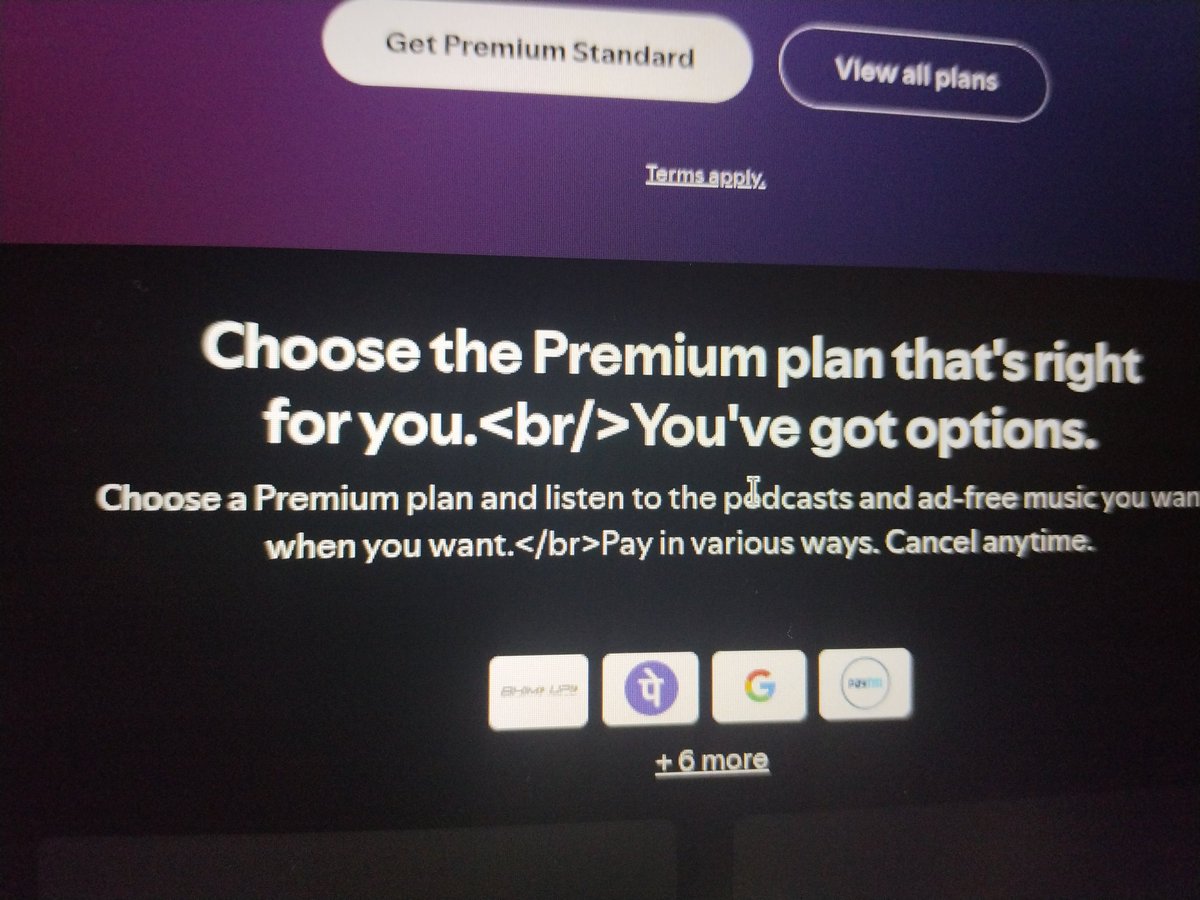 Thedev55's tweet image. Hey @SpotifyCares @spotifyindia ,
The open.spotify.com/premium premium page is showing raw &amp;lt;br/&amp;gt; tags instead of line breaks.
I have tried to reproduce the UI bug on Firefox and Chrome too and it was consistent.
 I&apos;m attaching screenshot below: