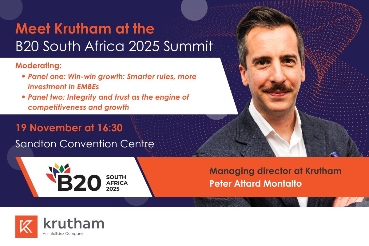 Krutham’s managing director, Peter Attard Montalto, is moderating two panel discussions today at the B20 South Africa 2025 Summit. 

Contact us at mail@krutham.com to discuss Krutham’s work