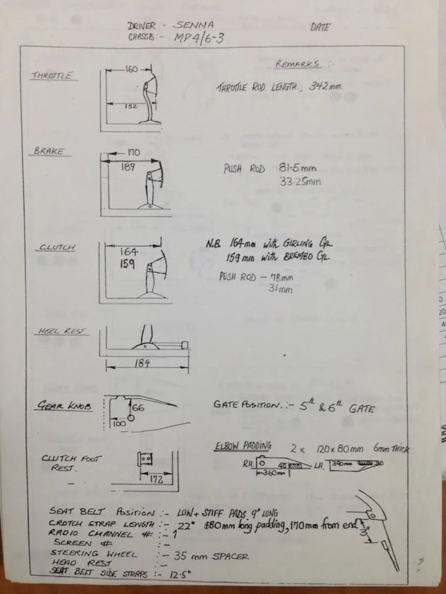 Josemivn's tweet image. Documento de 1991 con las especificaciones requeridas por Ayrton Senna para su habitáculo, pedales, etc. Los detalles.