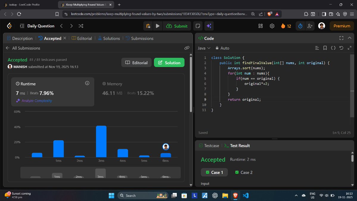manish_twtx's tweet image. Day 95/100 #100DaysOfCode
✅ Solved Today&apos;s POTD
Q.2154 - Keep Multiplying Found Values by 2
🔹 Also solved: 
Q. 3151 – Special Array I