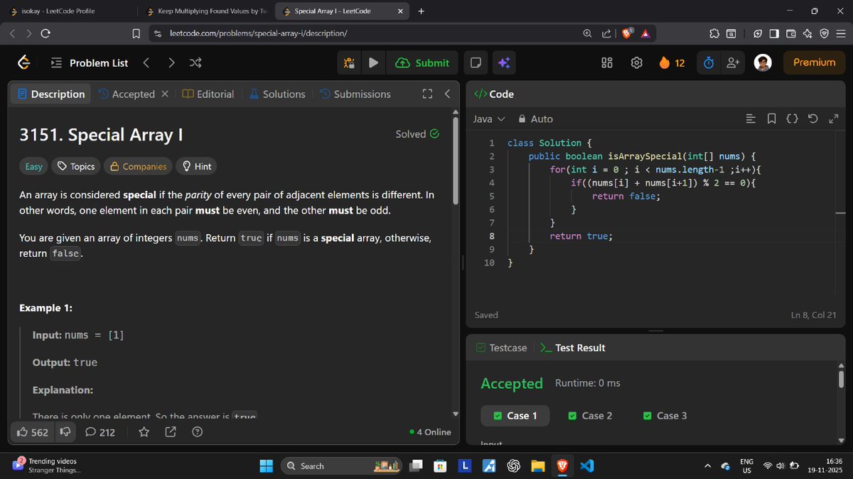 manish_twtx's tweet image. Day 95/100 #100DaysOfCode
✅ Solved Today&apos;s POTD
Q.2154 - Keep Multiplying Found Values by 2
🔹 Also solved: 
Q. 3151 – Special Array I