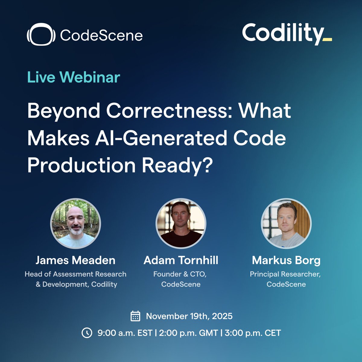 codescene's tweet image. 📣 Only two hours to go — sign up for the webinar if you haven’t yet. We’ll dive into what it takes to make AI-generated code truly production-ready.

Sign up: codility.zoom.us/webinar/regist…