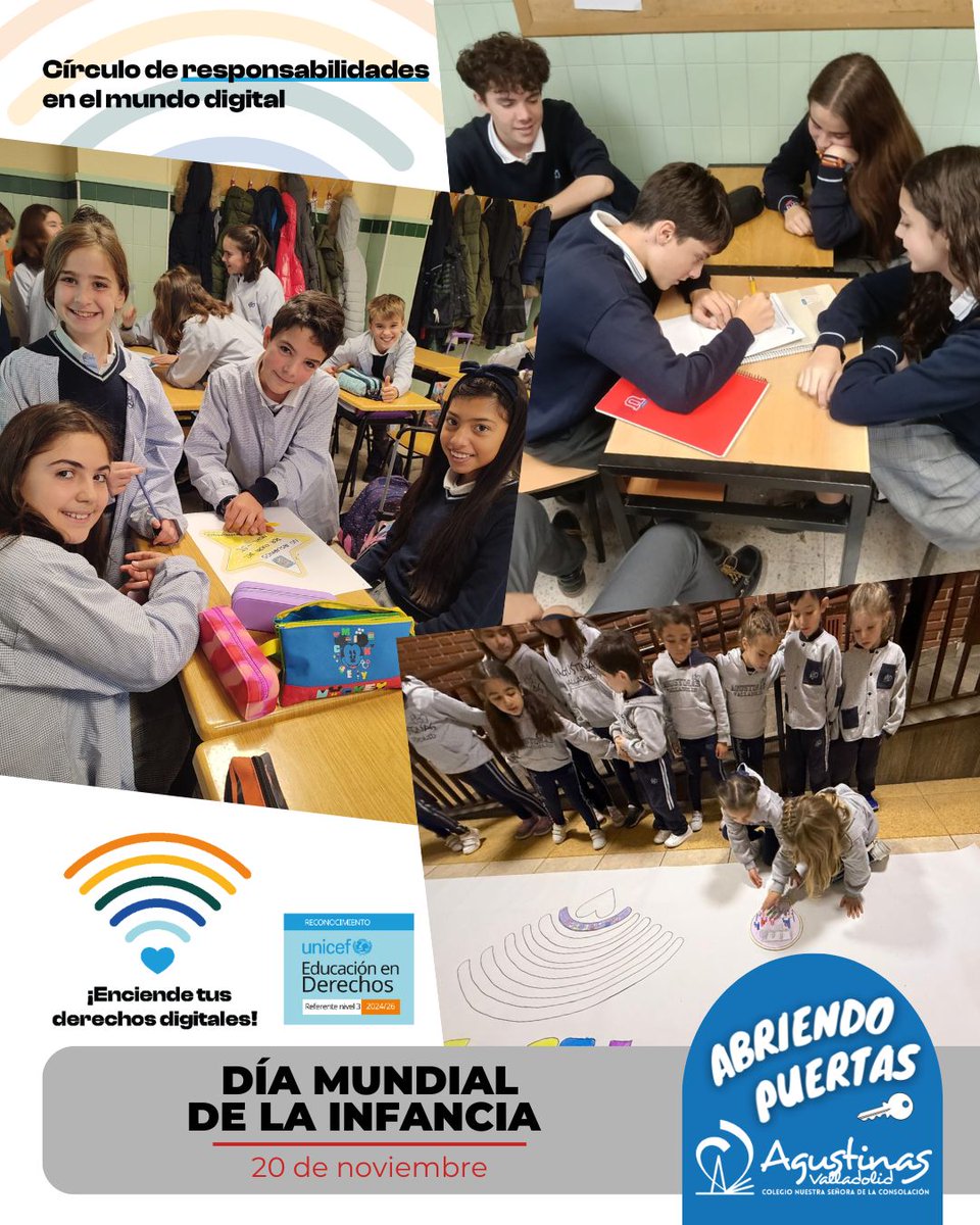 agustinasva's tweet photo. 🌍 Mañana, 20 de noviembre, celebramos el #DiaMundialdelaInfancia.
#AgustinasVA como centro referente en Educación en Derechos, nos unimos a la campaña de @UNICEF_es @UNICEFCyL  #EnciendeDerechos para hablar de los #DerechosDigitales de niños, niñas y adolescentes. https://t.co/T1RdvP15kt