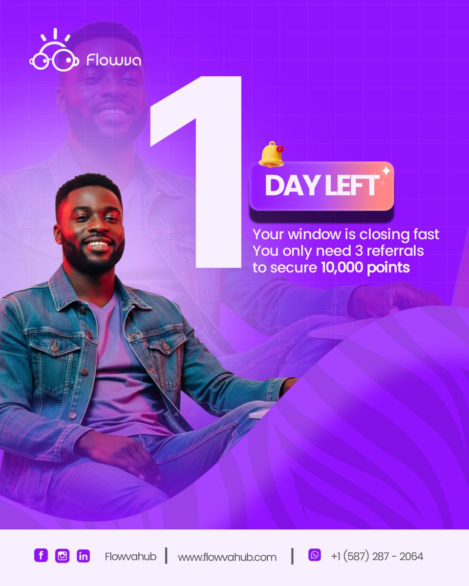 FlowvaHub's tweet image. The clock is almost up!

You have just 1 day left to claim your @FlowvaHub  
reward. 

Refer 3 friends today and make your points count. Take action before it’s too late!

#Flowvahub #ReferralRewards #ProfessionalNetworking #EarnPoints #LastChance