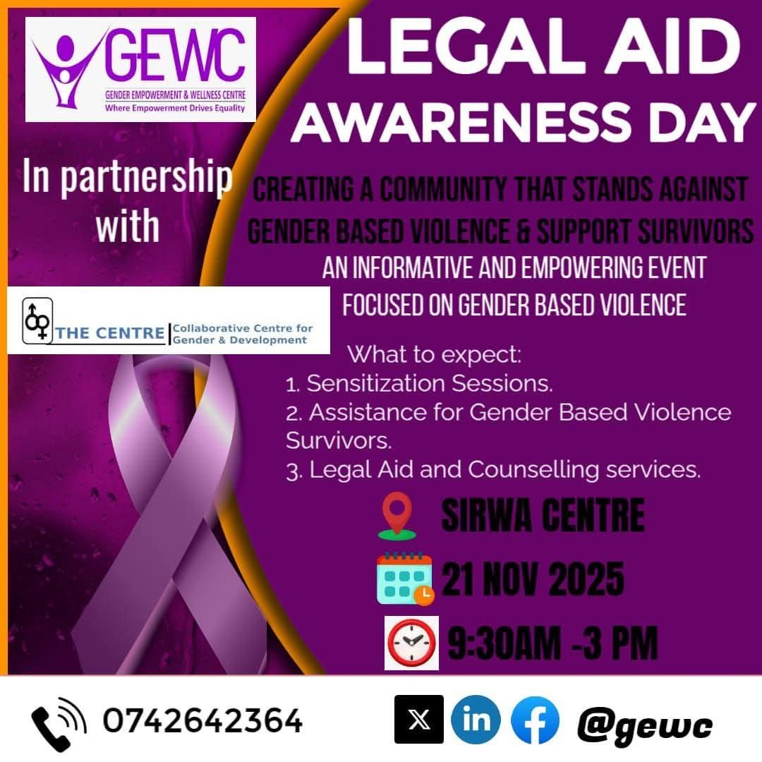 Gewckenya's tweet image. GEWC will mark Purple Day with a Legal Aid Day at Sirwa Centre, Baringo County on Nov 21, 2025 from 9:30am.
Residents are invited for free legal advice from our lawyers &amp;amp; paralegals on family, community &amp;amp; GBV matters.
Karibuni wote!
#GEWC #LegalAid #PurpleDay