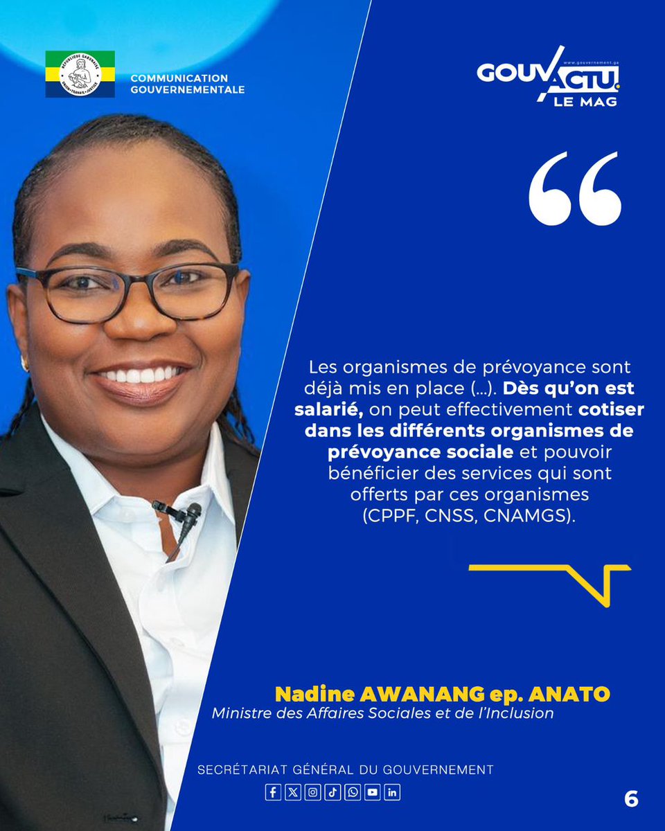 Comgouv_GA's tweet photo. [VERBATIMS – GOUV’ACTU LE MAG]  

La ministre des Affaires Sociales, Nadine Awanang Épouse Anato, évoque le rôle clé de son département sur le volet social lié à l’interdiction d’exportation du manganèse brut dès janvier 2029.  
#ComGouv #communicationgouvernementale https://t.co/Cv4i7YJexU