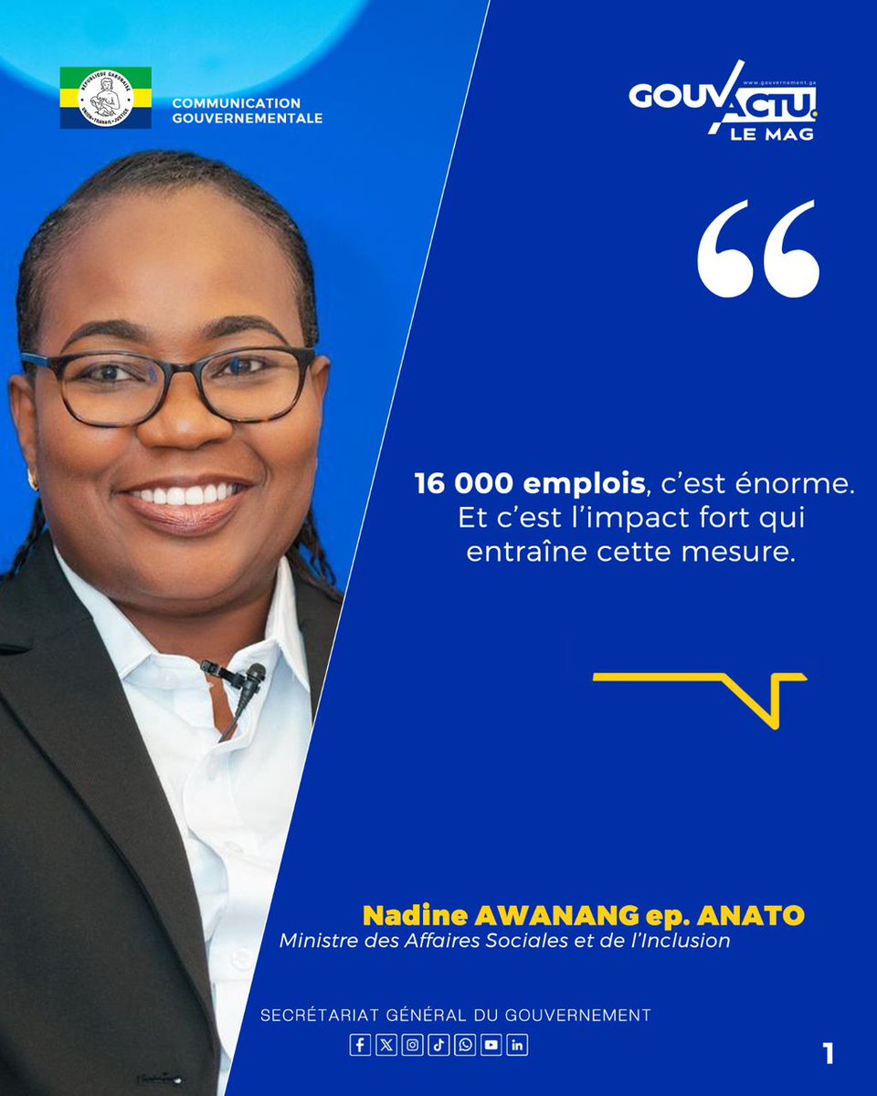 Comgouv_GA's tweet photo. [VERBATIMS – GOUV’ACTU LE MAG]  

La ministre des Affaires Sociales, Nadine Awanang Épouse Anato, évoque le rôle clé de son département sur le volet social lié à l’interdiction d’exportation du manganèse brut dès janvier 2029.  
#ComGouv #communicationgouvernementale https://t.co/Cv4i7YJexU