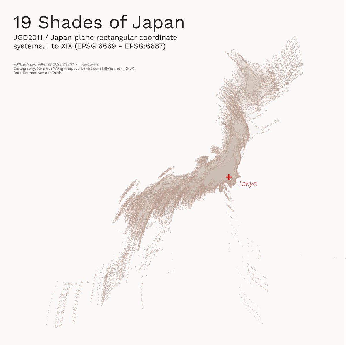 Kenneth_KHW's tweet image. #30DayMapChallenge Day 19 - Projections

19 projected coordinate systems of Japan (JGD2011 Japan plane rectangular CS, I to XIX) shown together, with Tokyo being the centre point

Don’t ask me what does this map means, I also have no idea what I’m doing